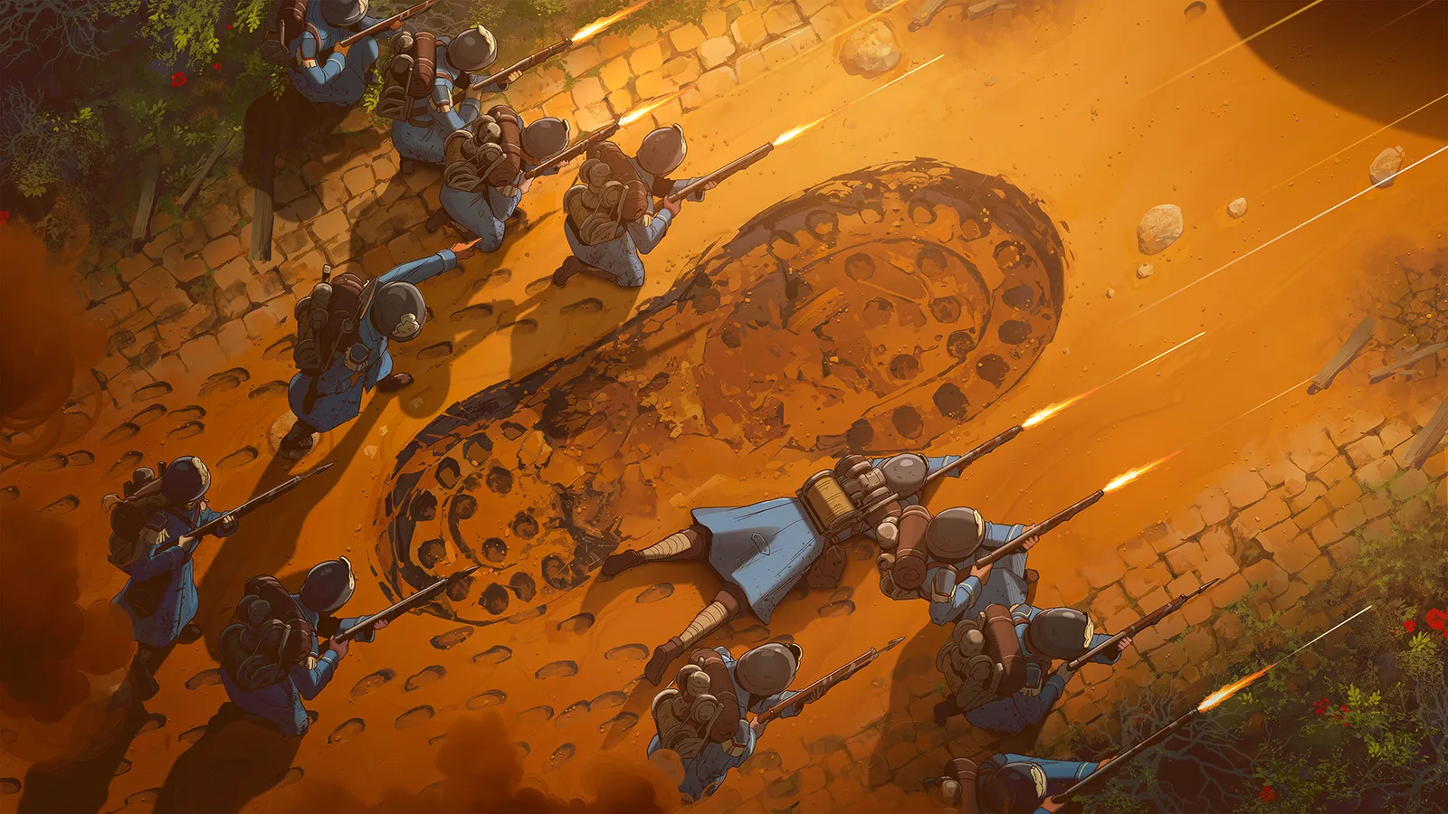 Soldiers firing around the footprint of a Giant's boot, illustration of the game's brand identity